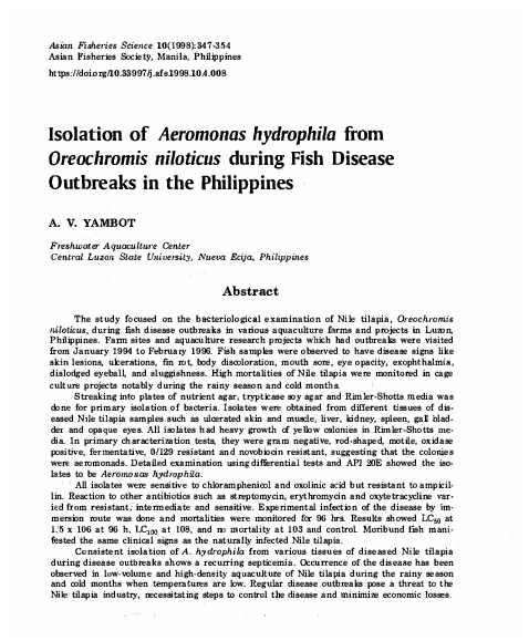 (PDF) Isolation of Aeromonas hydrophila from Oreochromis niloticus ...