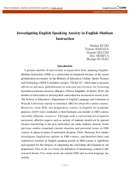 (PDF) Investigating English Speaking Anxiety in English-Medium Instruction