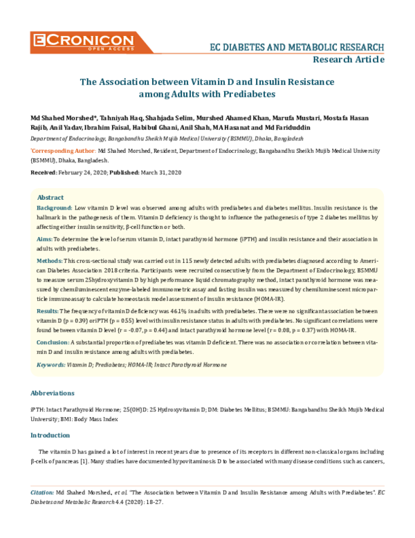 (PDF) The Association between Vitamin D and Insulin Resistance among ...