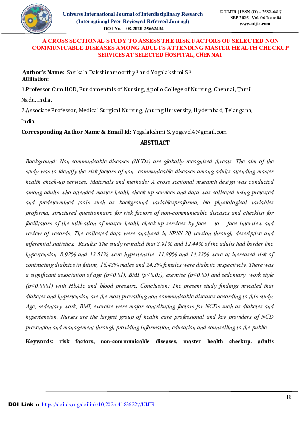 (PDF) A CROSS SECTIONAL STUDY TO ASSESS THE RISK FACTORS OF SELECTED ...