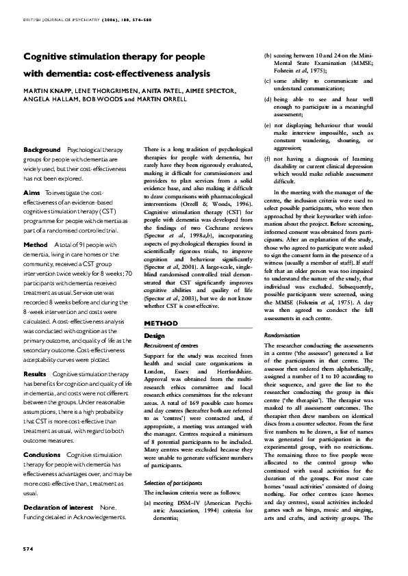 (PDF) Cognitive stimulation therapy for people with dementia: cost ...