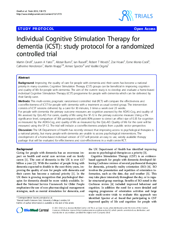 (PDF) Individual Cognitive Stimulation Therapy for dementia (iCST ...