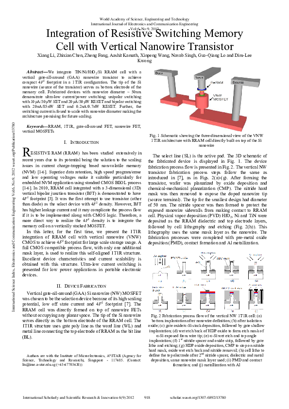 (PDF) Integration Of Resistive Switching Memory Cell With Vertical ...