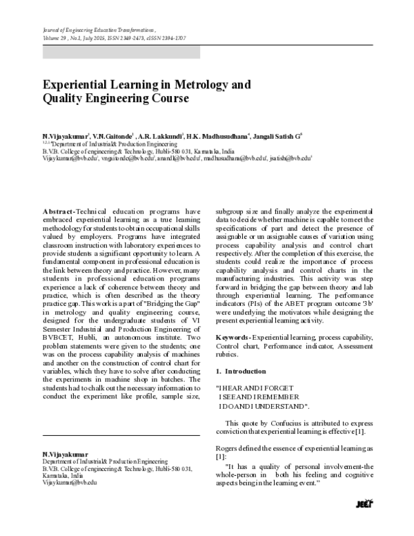 (PDF) Experiential Learning in Metrology and Quality Engineering Course