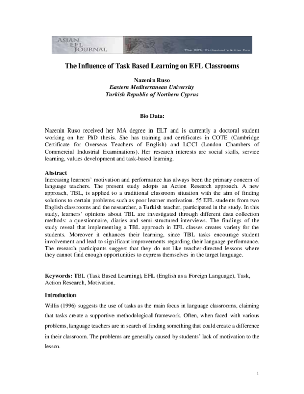 (PDF) The influence of task based learning on EFL classrooms