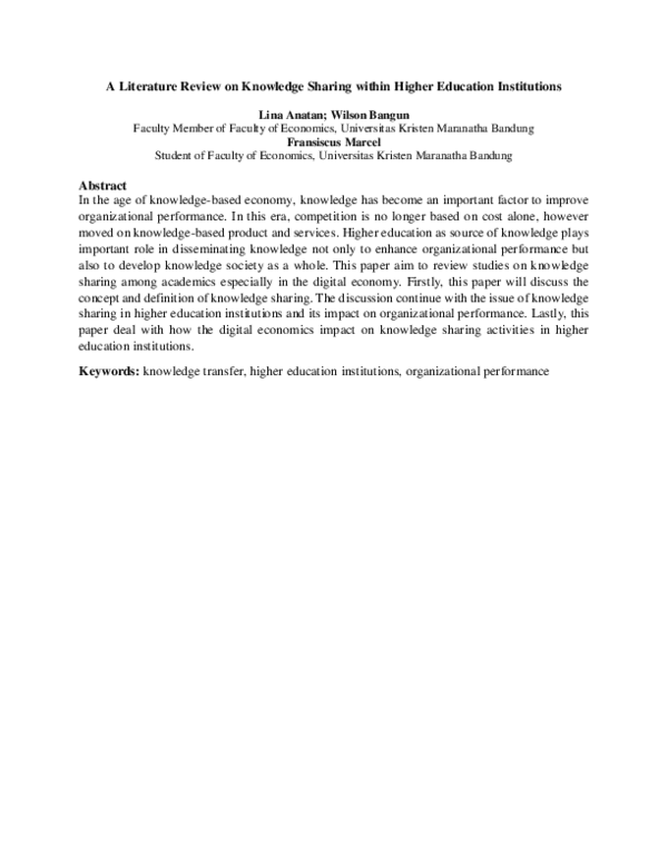 (PDF) A Literature Review on Knowledge Sharing within Higher Education ...