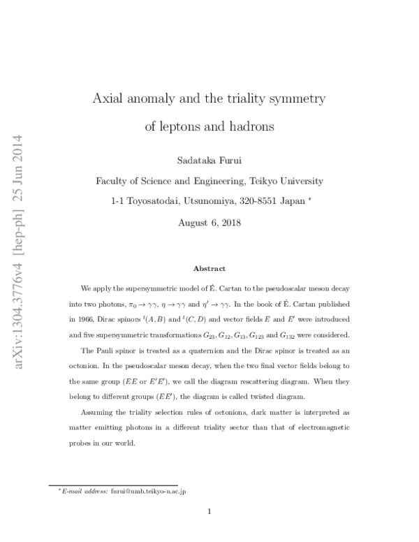 (PDF) Axial Anomaly and the Triality Symmetry of Leptons and Hadrons