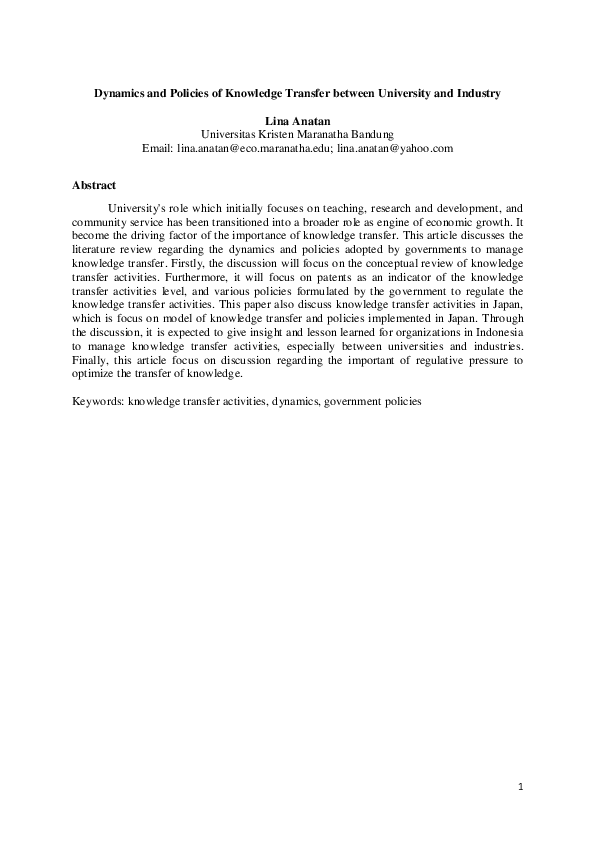 (PDF) Dynamics and Policies of Knowledge Transfer between University ...