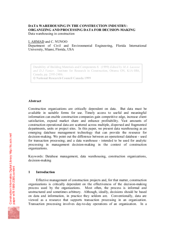 (PDF) DATA WAREHOUSING IN THE CONSTRUCTION INDUSTRY: ORGANIZING AND ...
