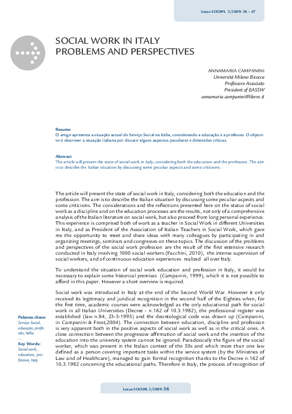 (PDF) Social work in Italy: problems and perspectives