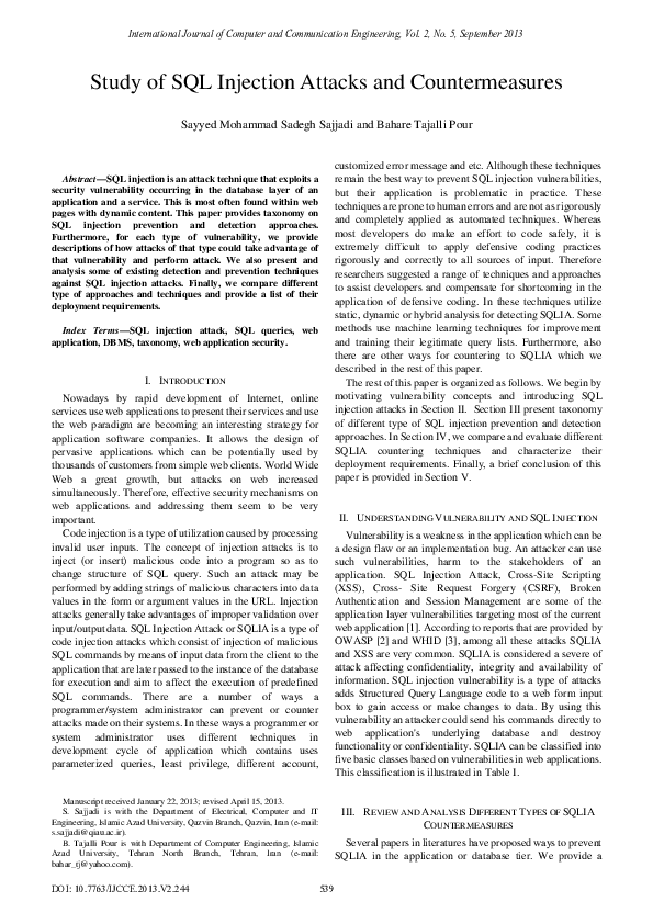 (PDF) Study of SQL Injection Attacks and Countermeasures