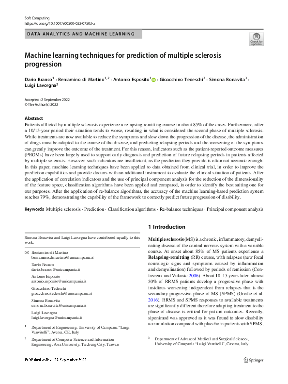 (PDF) Machine learning techniques for prediction of multiple sclerosis ...