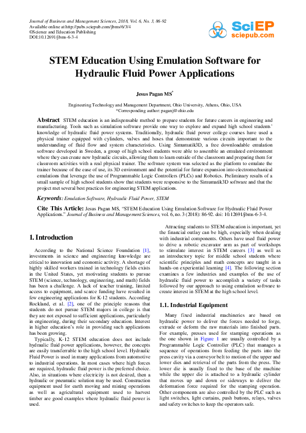 (PDF) STEM Education Using Emulation Software for Hydraulic Fluid Power ...