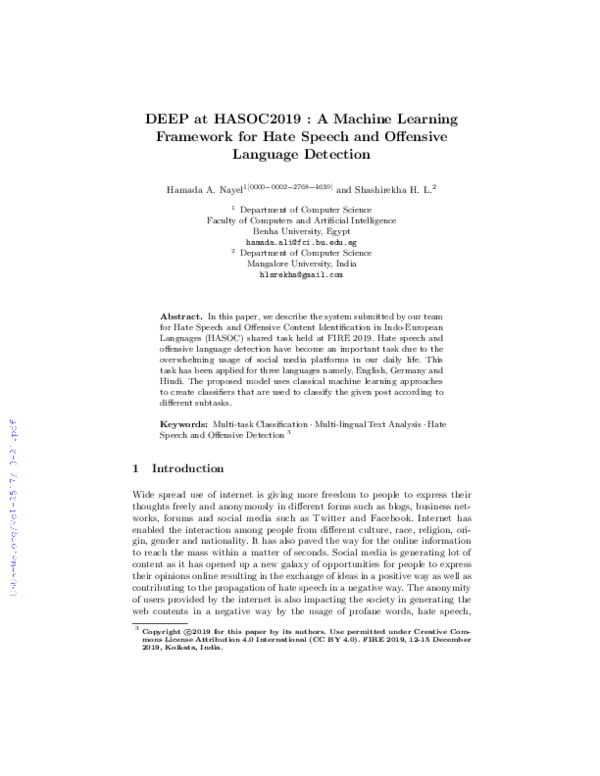 (PDF) DEEP at HASOC2019: A Machine Learning Framework for Hate Speech ...