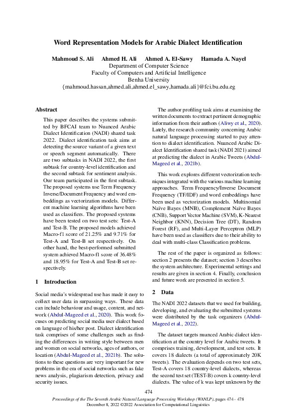 (PDF) Word Representation Models for Arabic Dialect Identification