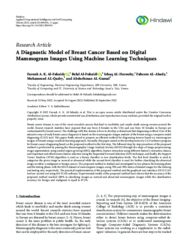(PDF) A Diagnostic Model of Breast Cancer Based on Digital Mammogram ...