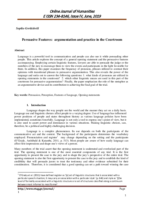 (PDF) Persuasive Features: argumentation and practice in the Courtroom