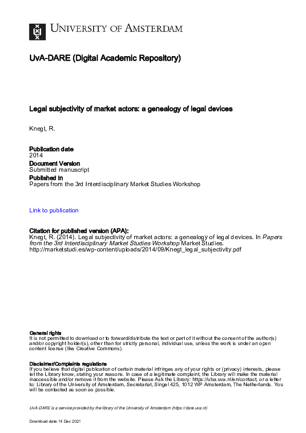 (PDF) Legal subjectivity of market actors: a genealogy of legal devices