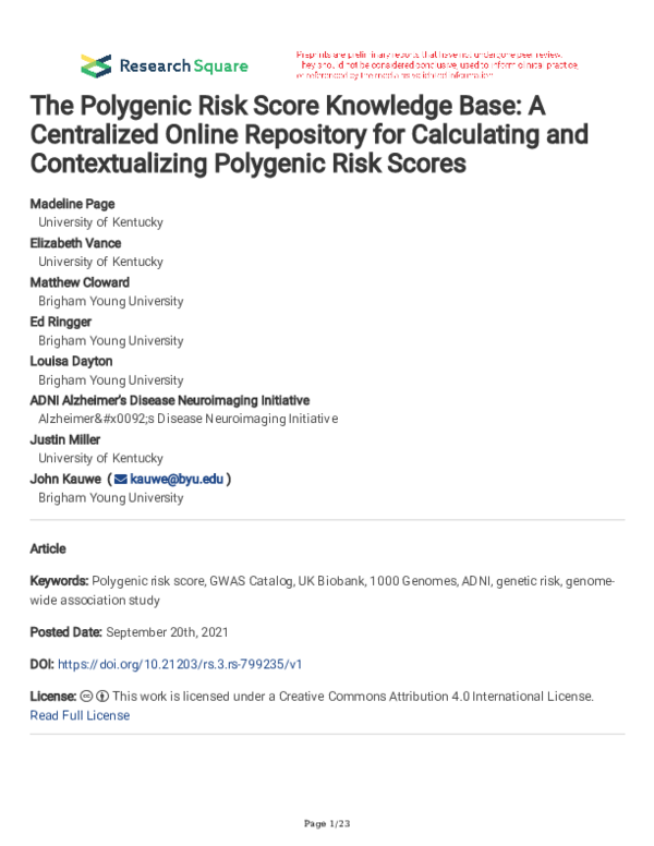 (PDF) The Polygenic Risk Score Knowledge Base: A Centralized Online ...