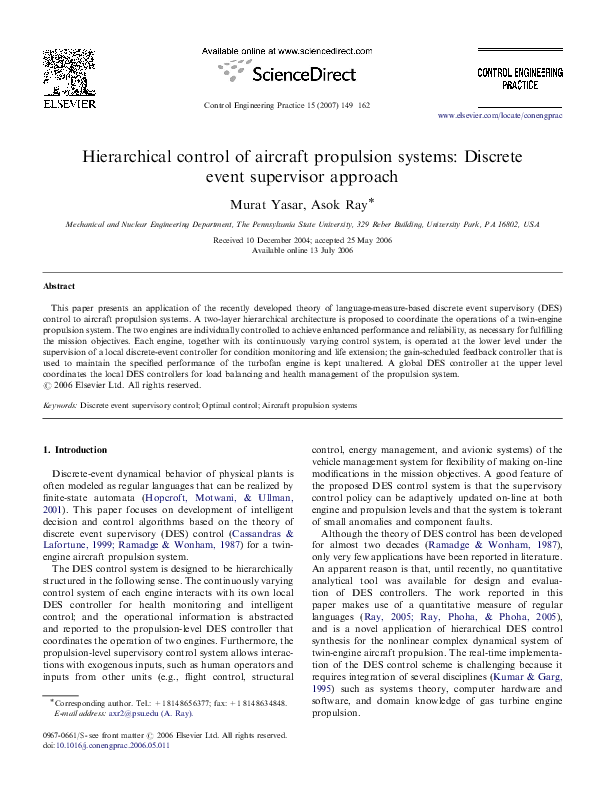 (PDF) Hierarchical control of aircraft propulsion systems: Discrete ...