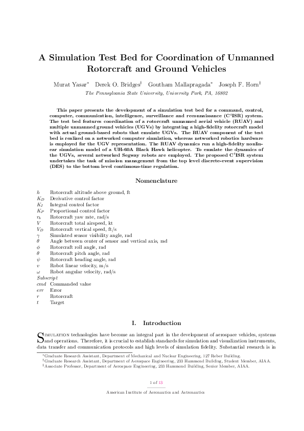 (PDF) A Simulation Test Bed for Coordination of Unmanned Rotorcraft and ...