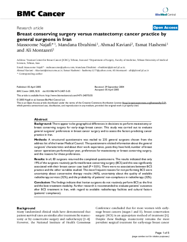 (PDF) Breast conserving surgery versus mastectomy: cancer practice by ...