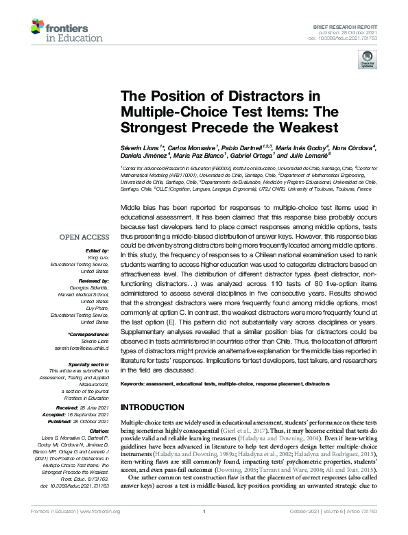 (PDF) The Position of Distractors in Multiple-Choice Test Items: The ...