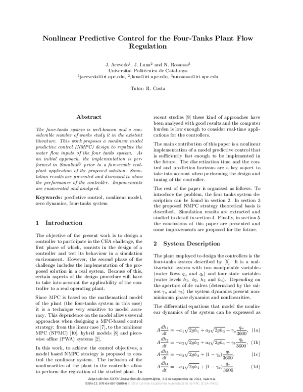 (PDF) Nonlinear predictive control for the four-tanks plant flow regulation