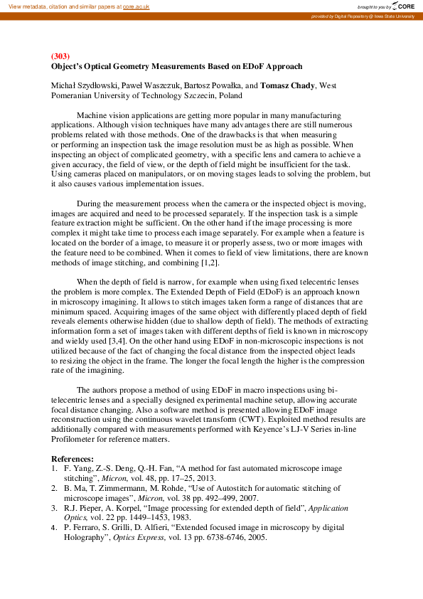 (PDF) Object’s Optical Geometry Measurements Based on EDoF Approach