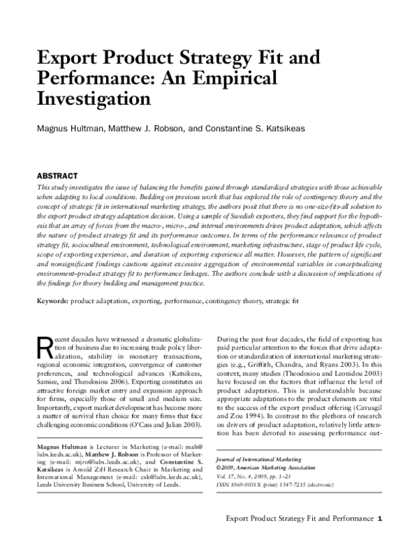 (PDF) Export Product Strategy Fit and Performance: An Empirical ...