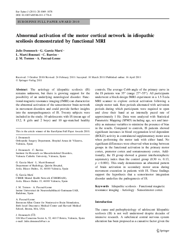 (PDF) Abnormal activation of the motor cortical network in idiopathic ...