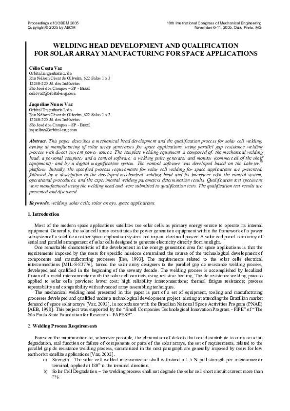 (PDF) Welding Head Development and Qualification for Solar Array ...
