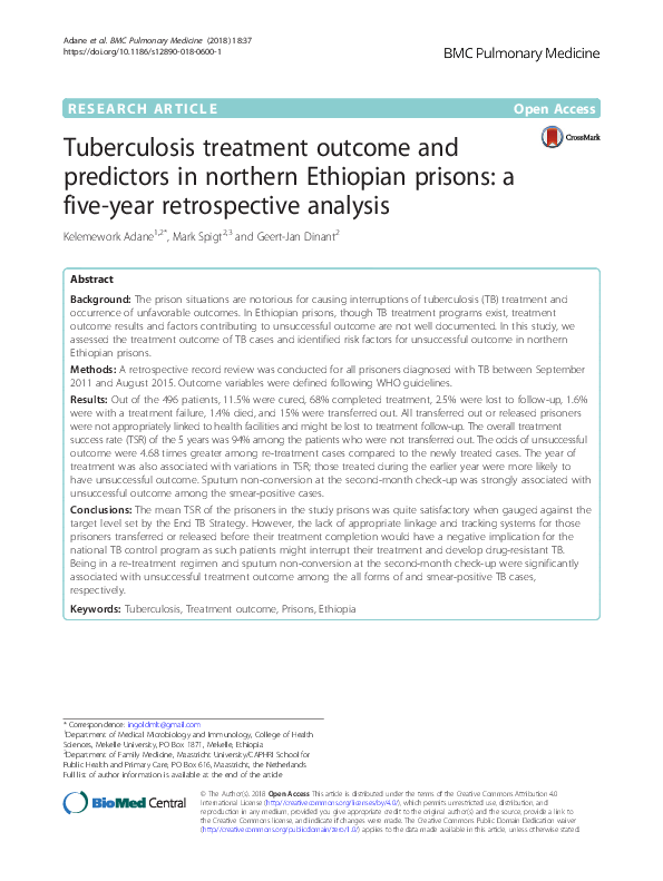 (PDF) Tuberculosis treatment outcome and predictors in northern ...