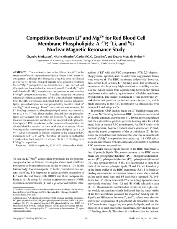 (PDF) Competition between Li+ and Mg2+ for red blood cell membrane ...
