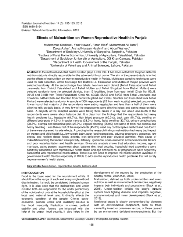 (PDF) Effects of Malnutrition on Women Reproductive Health in Punjab