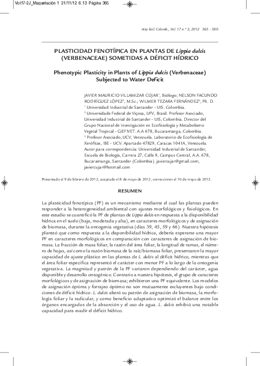 (PDF) Phenotypic Plasticity in Plants of Lippia dulcis (Verbenaceae ...