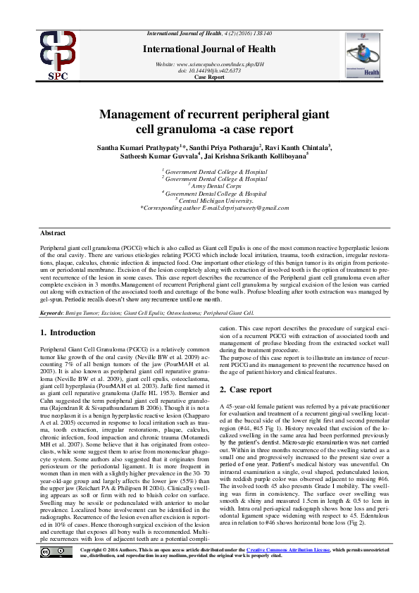 (PDF) Management of recurrent peripheral giant cell granuloma -a case ...