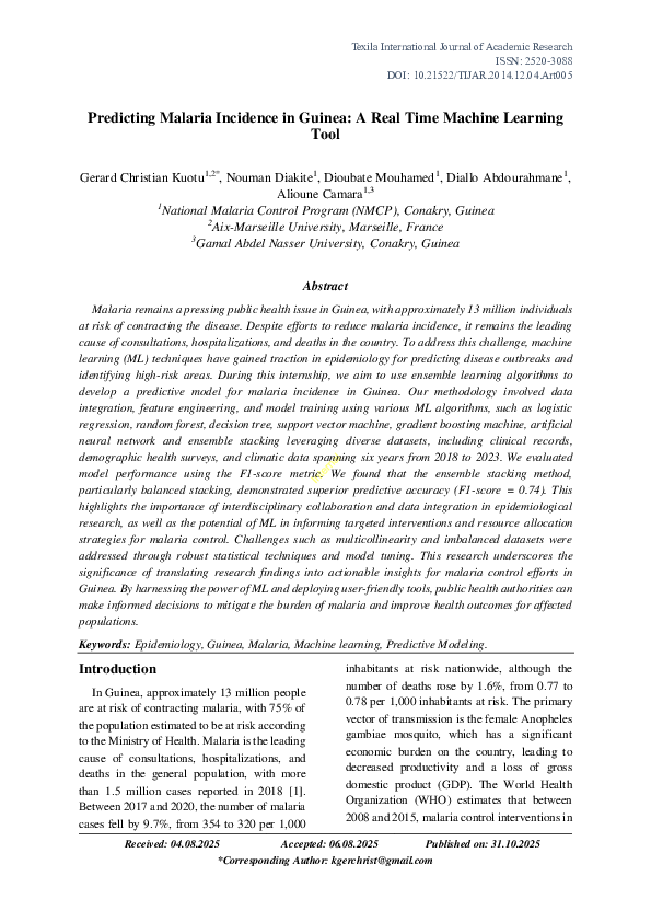 (PDF) Predicting Malaria Incidence in Guinea: A Real Time Machine ...