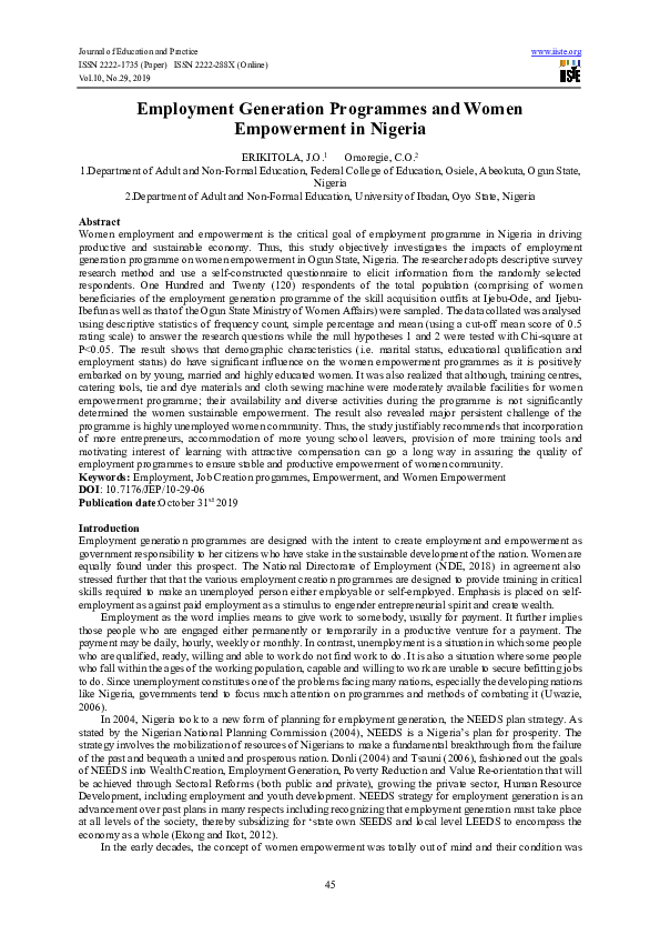 (PDF) Employment Generation Programmes and Women Empowerment in Nigeria