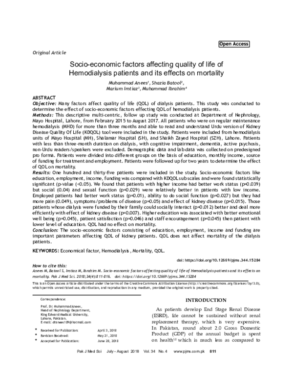 (PDF) Socio-economic factors affecting quality of life of Hemodialysis ...
