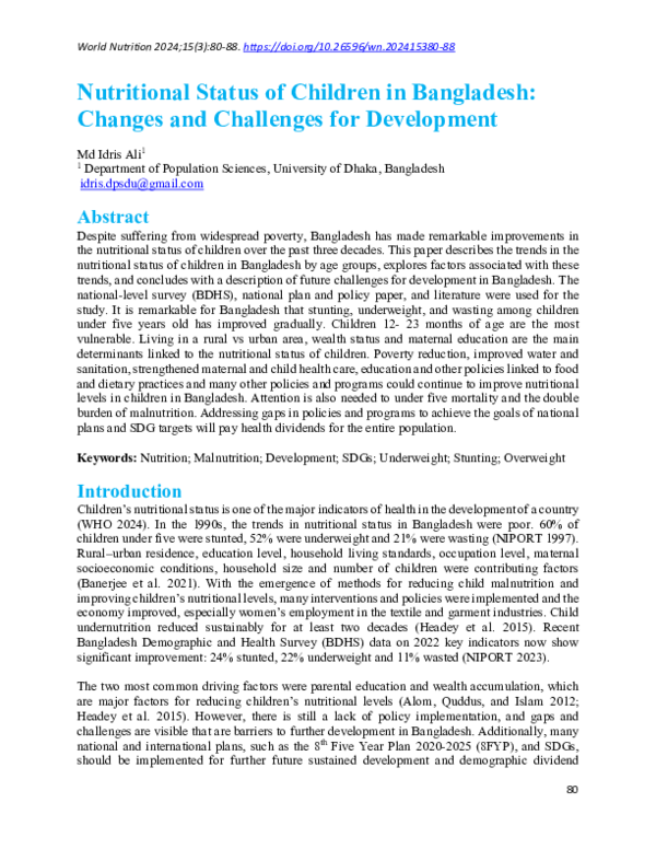 (PDF) Nutritional Status of Children in Bangladesh: Changes and ...