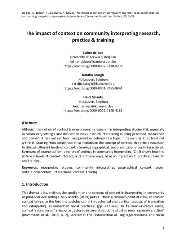 (PDF) Impact of Context on Community Interpreting Research, Practice ...