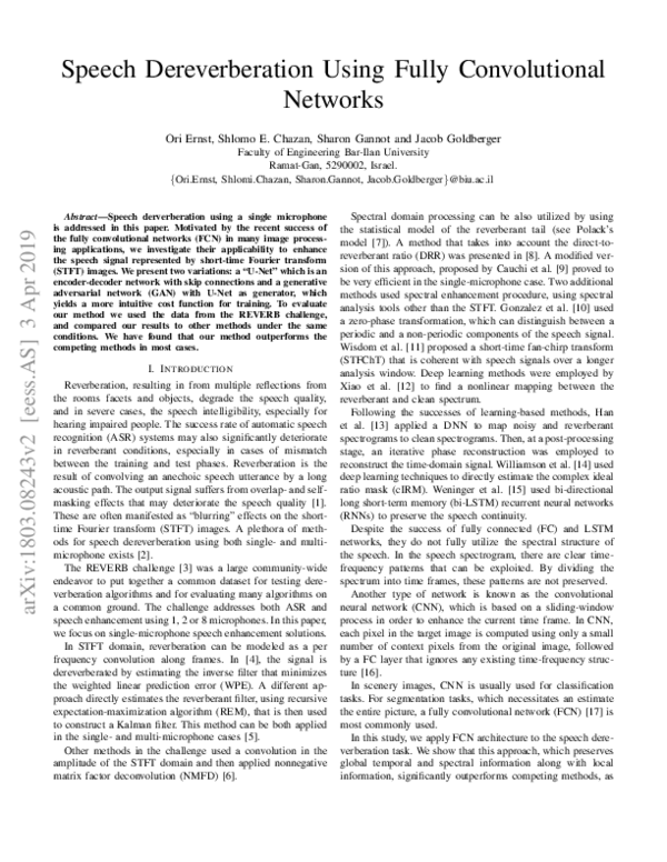 (PDF) Speech Dereverberation Using Fully Convolutional Networks