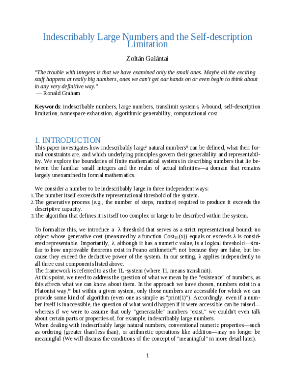(PDF) Indescribably Large Numbers and the Self-description Limitation