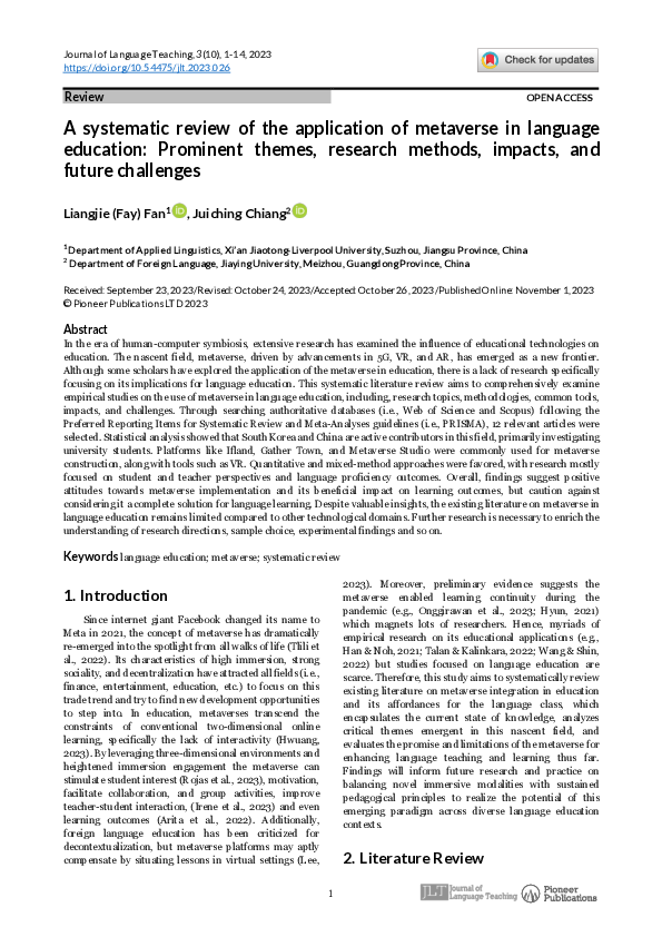 (PDF) A systematic review of the application of metaverse in language ...