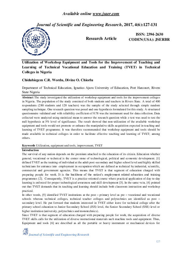 (PDF) Utilization of Workshop Equipment and Tools for the Improvement ...