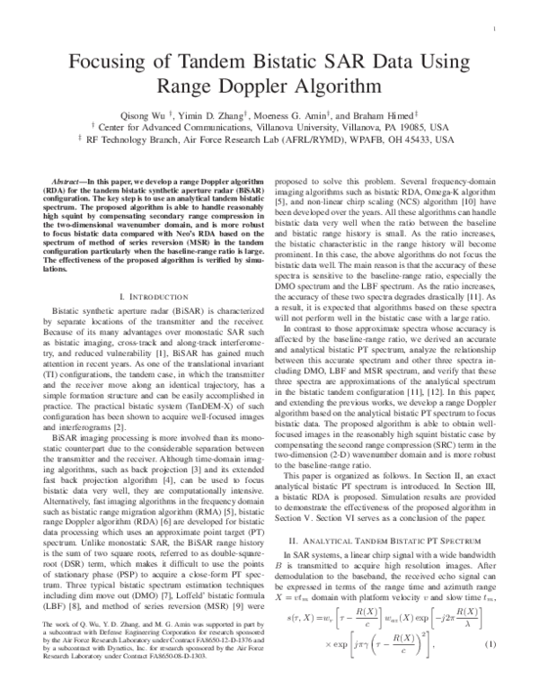 (PDF) Focusing of tandem bistatic SAR data using range Doppler algorithm