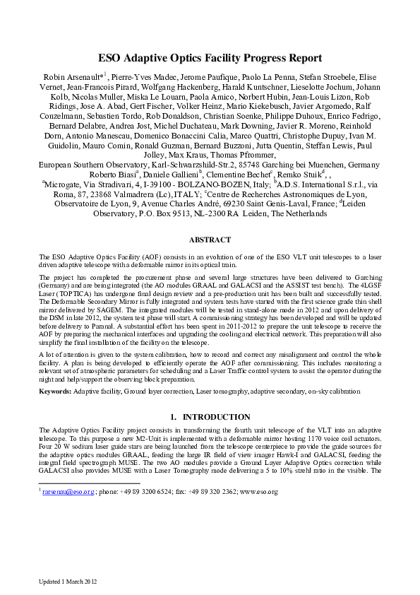 (PDF) ESO adaptive optics facility progress report