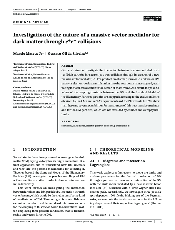 (PDF) Investigation of the nature of a massive vector mediator for dark ...