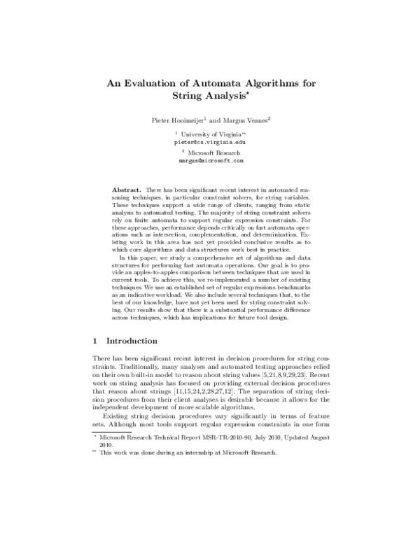 (PDF) An Evaluation of Automata Algorithms for String Analysis